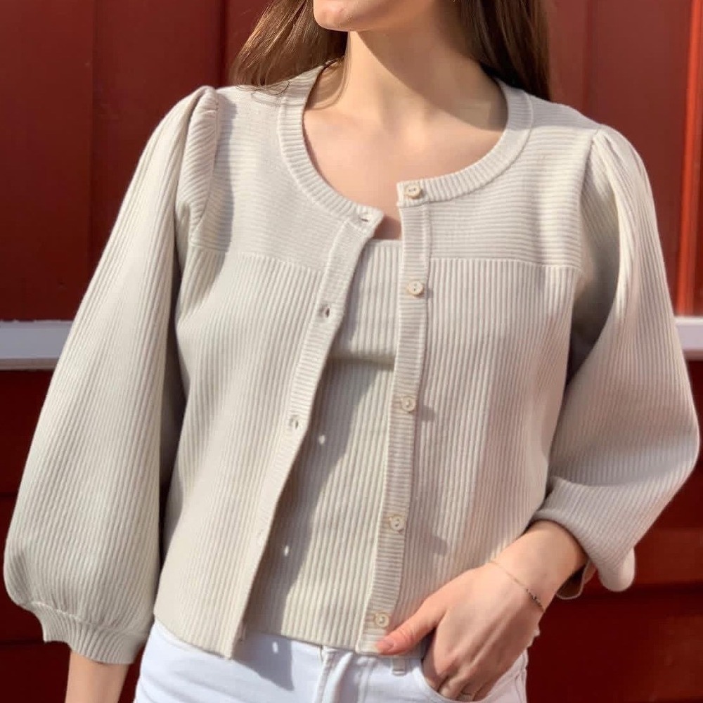 Gestuz Womens Beige Ribbed Puff Sleeve Ragna Duo Cardigan Knit Tank Set Size S